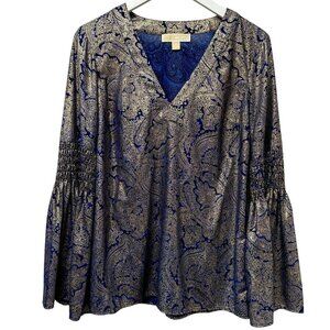 MICHAEL Michael Kors Blue Gold Paisley Blouse Small Womens Ruffle Sleeve Evening